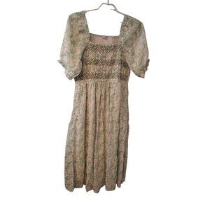 Polagram maxi dress womens 2X 2XL cream green toile floral smocked pockets